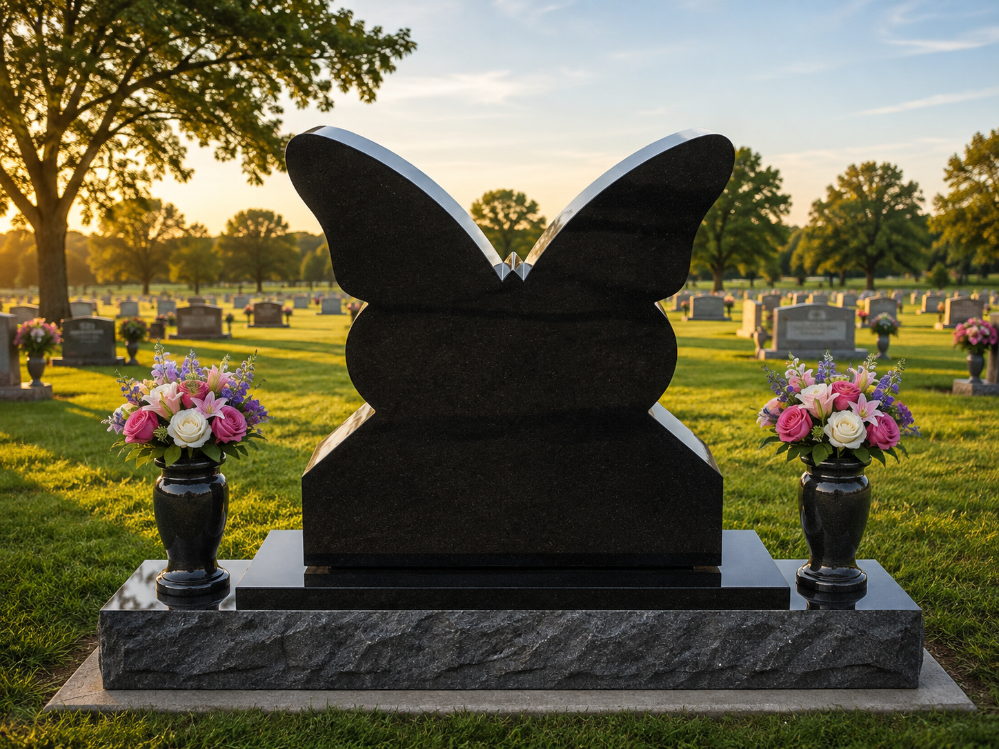 Black granite monument with sculpted butterfly figures and companion vases