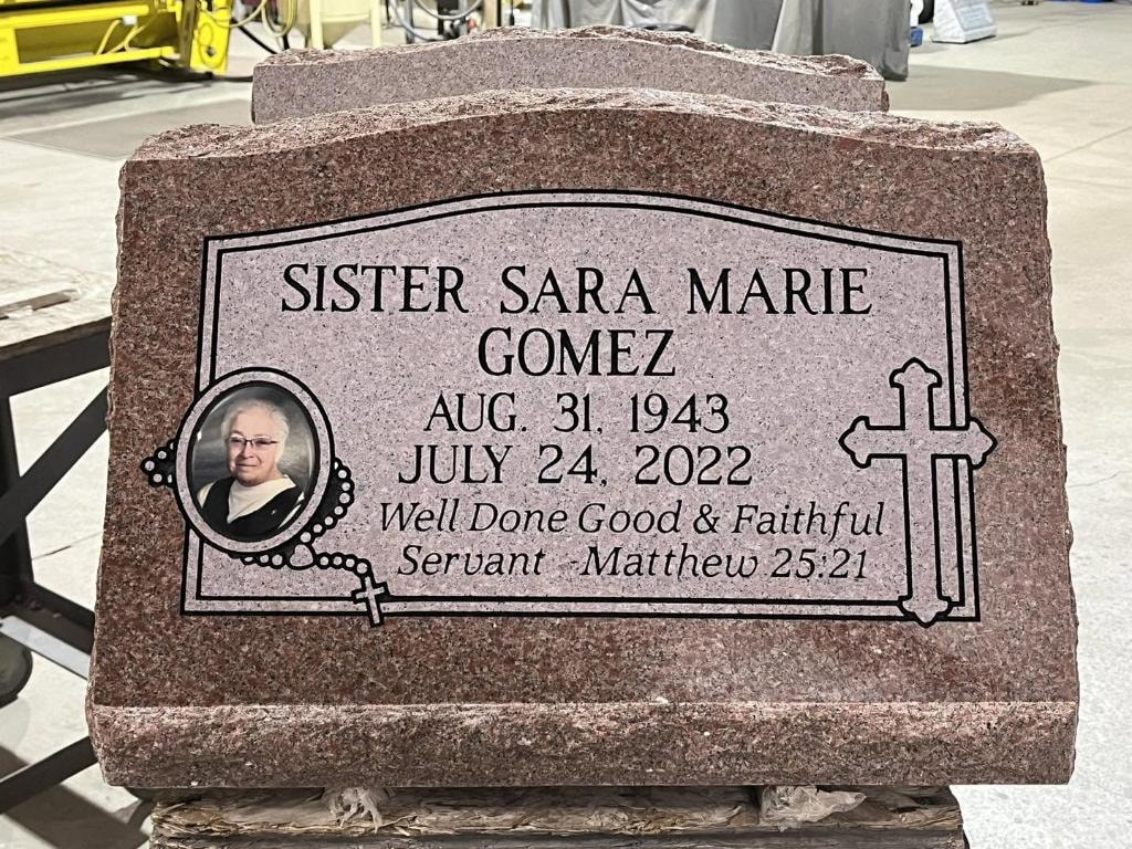 Sister Sara Marie Gomez red granite slant with porcelain photo tile, rosary engraving, cross, and Well Done Good and Faithful Servant Matthew 25:21 inscription