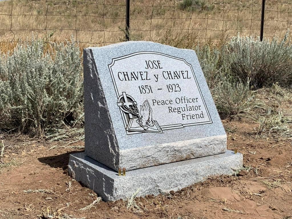 Jose Chavez y Chavez 1851-1923 gray granite slant with engraved cross praying hands rosary and Peace Officer Regulator Friend inscription
