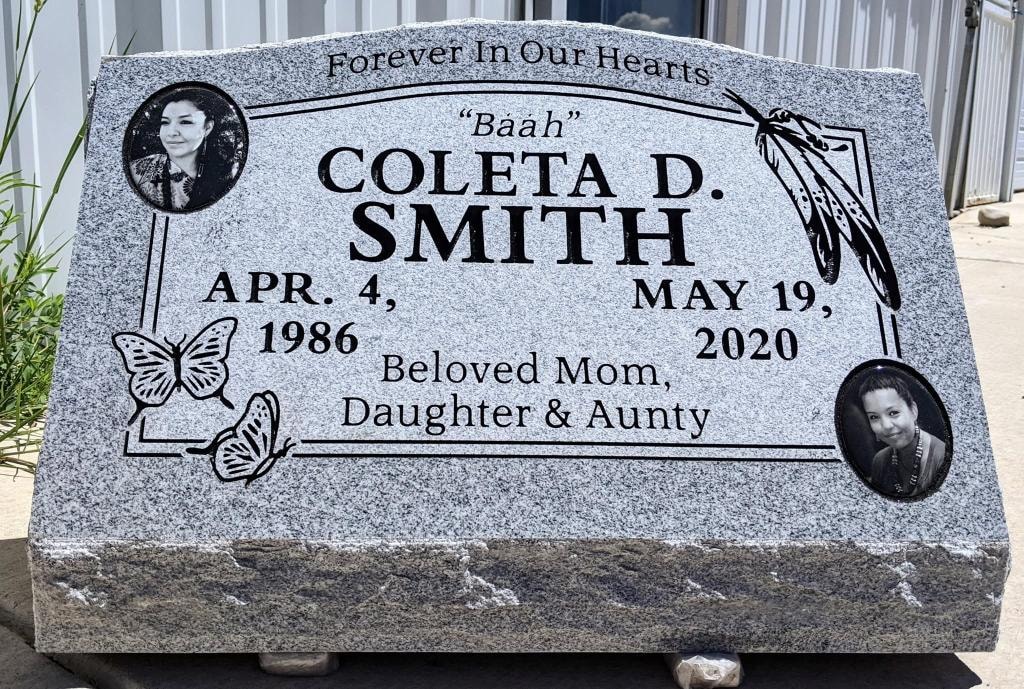 Coleta D. Smith Baah gray granite slant with two porcelain photo tiles engraved butterflies feathers and Forever In Our Hearts Beloved Mom Daughter and Aunty inscription Apr 4 1986 to May 19 2020