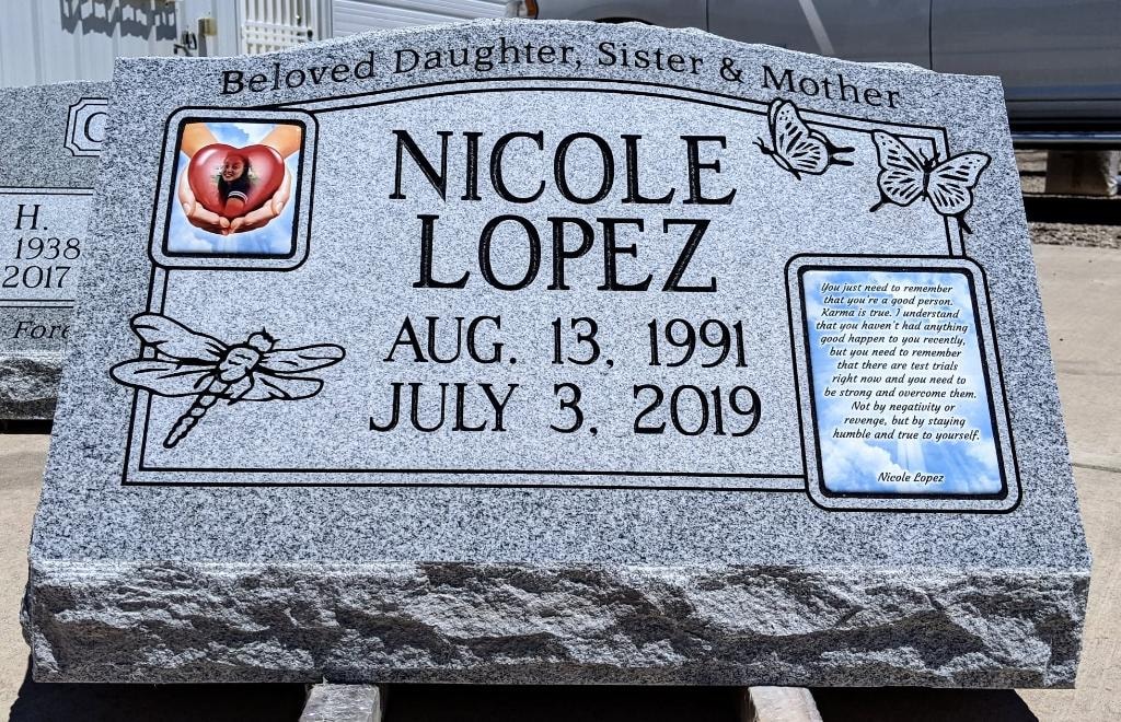 Nicole Lopez gray granite slant with porcelain photo tile engraved butterflies dragonfly and Beloved Daughter Sister and Mother inscription Aug 13 1991 to July 3 2019