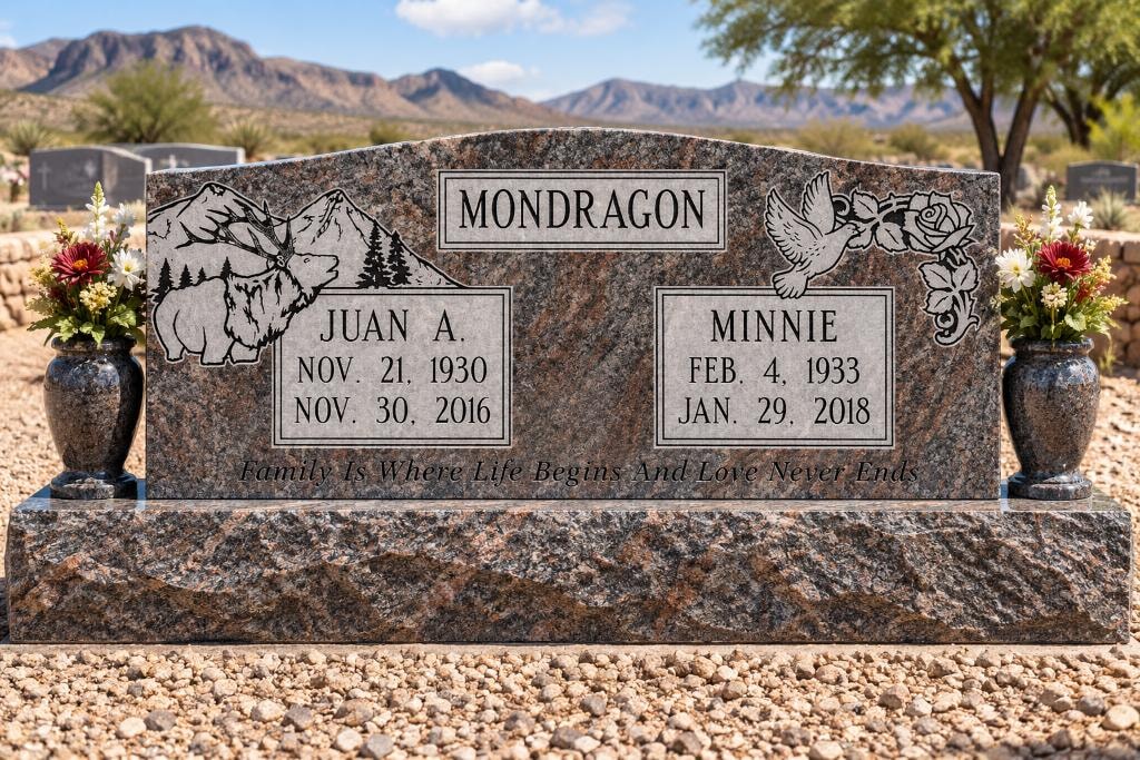 Mondragon family brown granite companion upright monument with bear and elk mountain scene engraving, dove and rose engraving, companion vases with flowers, for Juan A. and Minnie Mondragon, inscription Family Is Where Life Begins And Love Never Ends