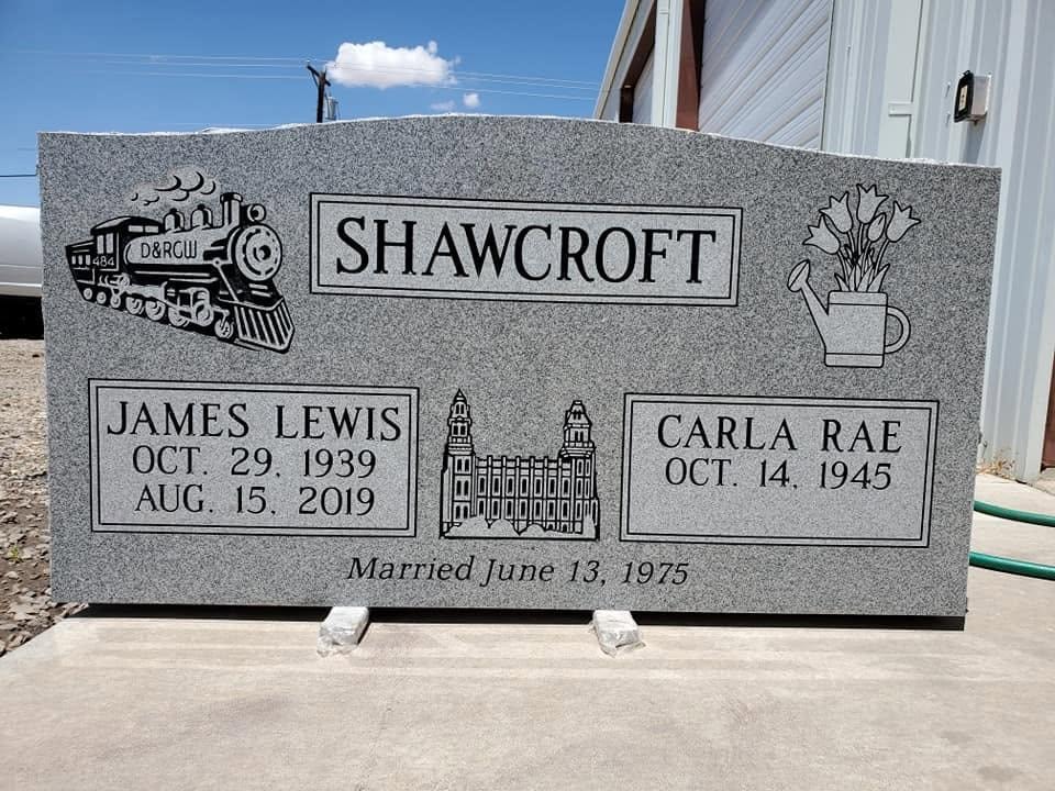 Shawcroft gray granite companion upright monument with D&RGW steam locomotive and tulip watering can engravings, LDS temple, for James Lewis and Carla Rae Shawcroft