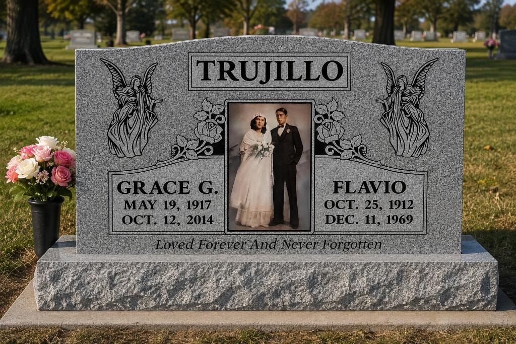 Trujillo family gray granite double upright monument with angel engravings, couple portrait photo tile, and rough-cut base